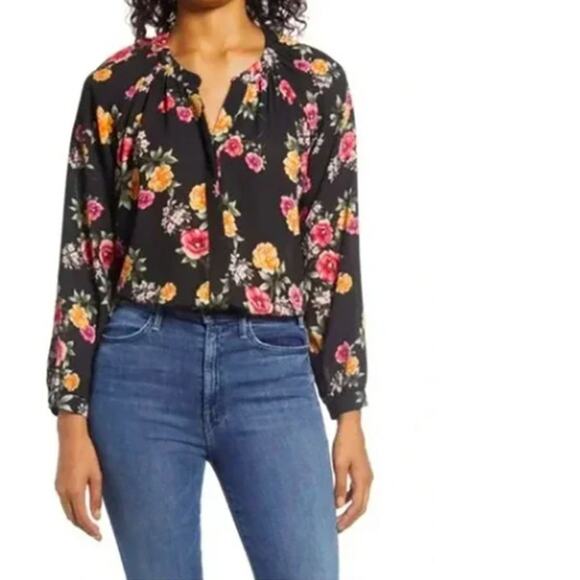 Gibson Floral Black Blouse Fleur Bloom Blouson Sleeve Button Top Casual New XS - Picture 1 of 3